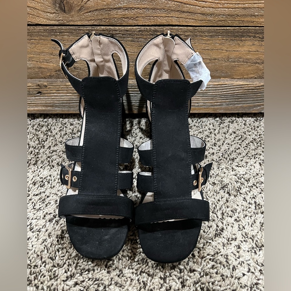 Black suede heeled sandals. 3 inch heel.  Zippered back. Size 9W